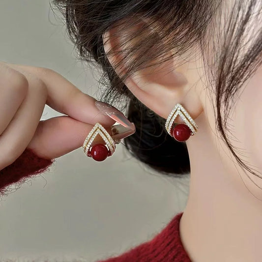 Rhinestones Pearl Korean Earrings - Red - KE519