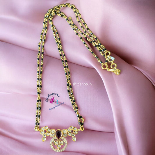 Black Beaded 2 layer Chain (Mangalsuthra) with Kempu Pendant - SHTC938