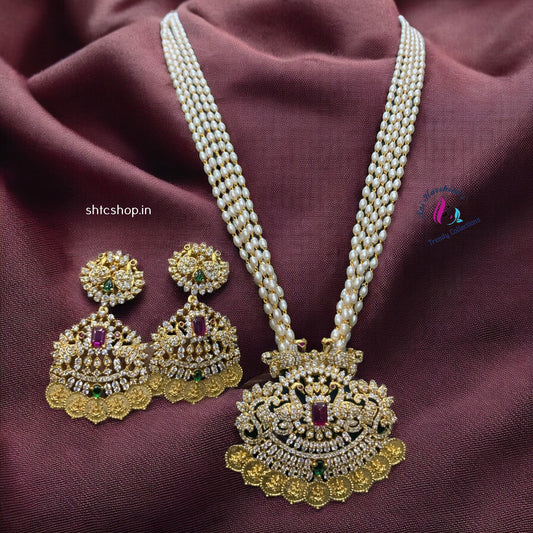 5 Layer Rice Bead Haram with Cz Pendant and Earrings - SHTC994