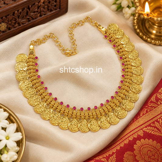 1GM Gold Polished Traditional Coin Necklace with Ruby Stones - SHTC982