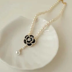 Camellia Pearl Korean Style Necklace - Black - KE542