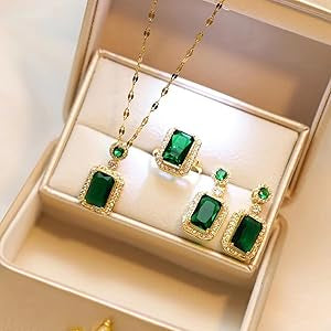 Emerald Crystal Zircon Earring Ring and Necklace Set - KE550