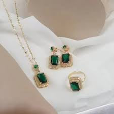 Emerald Crystal Zircon Earring Ring and Necklace Set - KE550