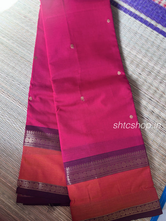 120 Counts Soft Kanchi Cotton Saree with Contrast Zari Border – Pink & Maroon