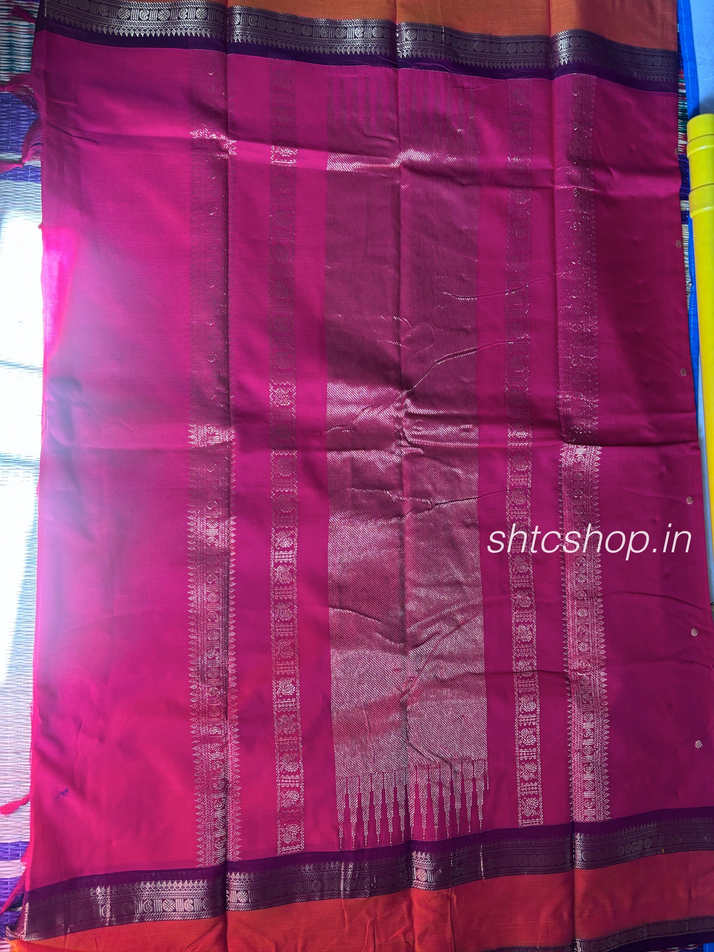 120 Counts Soft Kanchi Cotton Saree with Contrast Zari Border – Pink & Maroon