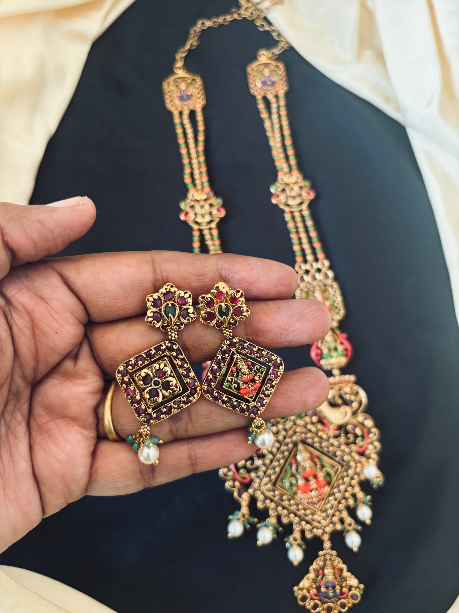 Terracotta Inspired  2 in 1 Matte Finish Statement Jewellery Set (Harram) with Kempu Stones and Premium Quality Enamel - SHTC1662