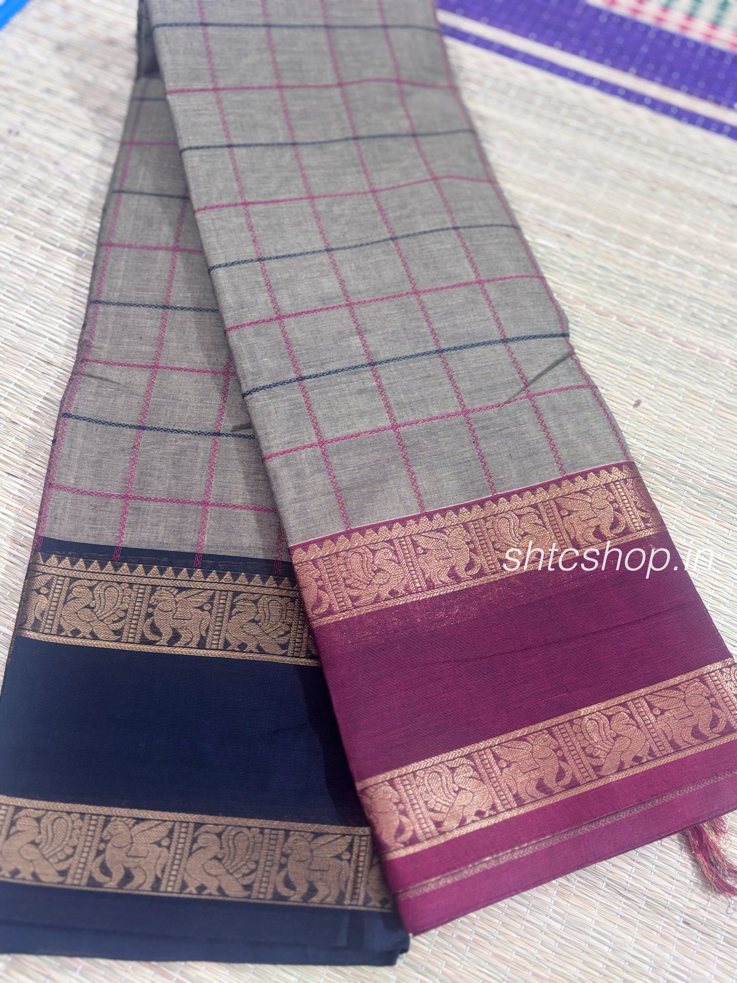 120 Count Grey Double-Check Ganga Jamuna Kanchi Cotton Saree with Contrast Zari Borders and Running Blouse