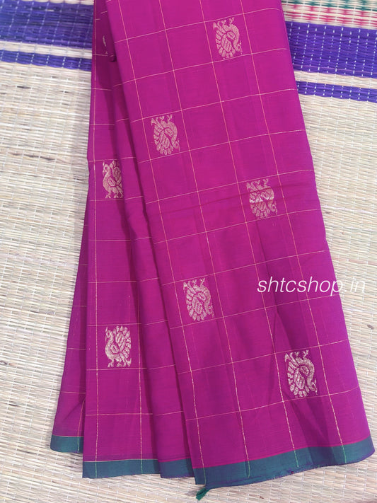 120 Count Silk-Inspired Kanchi Cotton Saree with Checked Motifs and Running Blouse