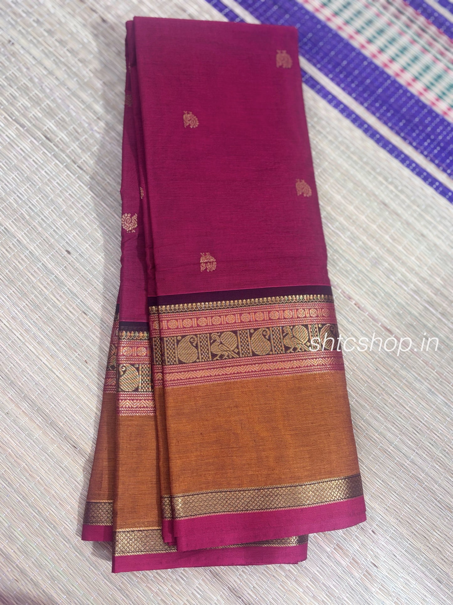 120 Count Magenta Kanchi Cotton Saree with Woven Buttas and Contrast Zari Border