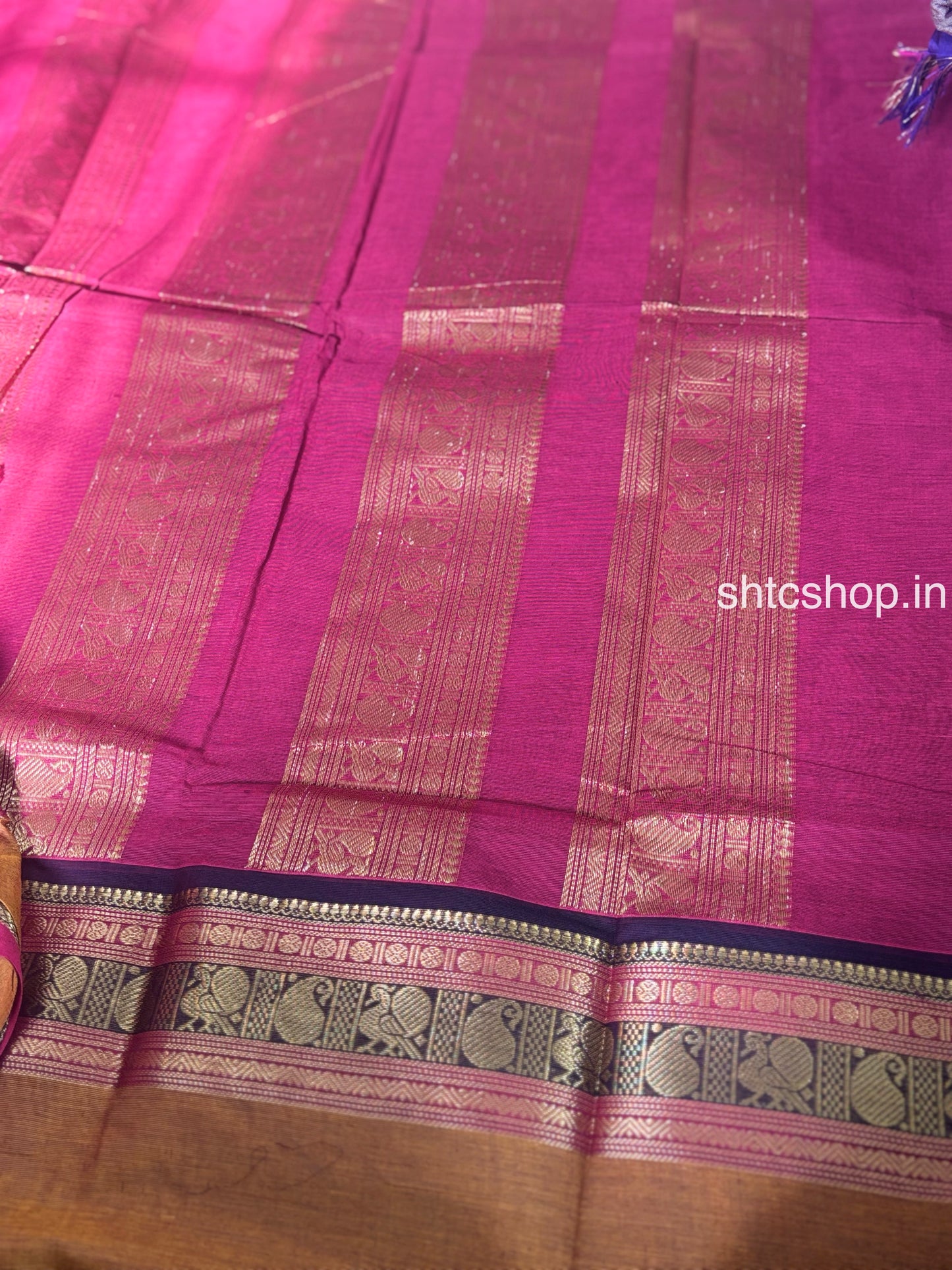 120 Count Magenta Kanchi Cotton Saree with Woven Buttas and Contrast Zari Border