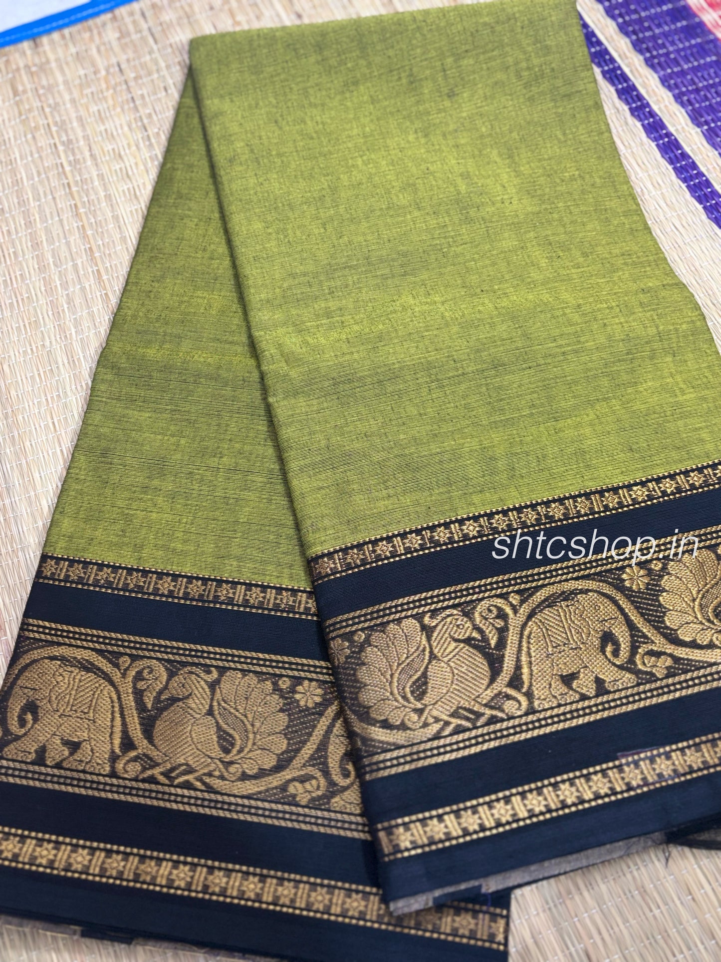 100 Count Lightweight Kanchi Cotton Saree with Contrast Peacock Zari Border and Blouse