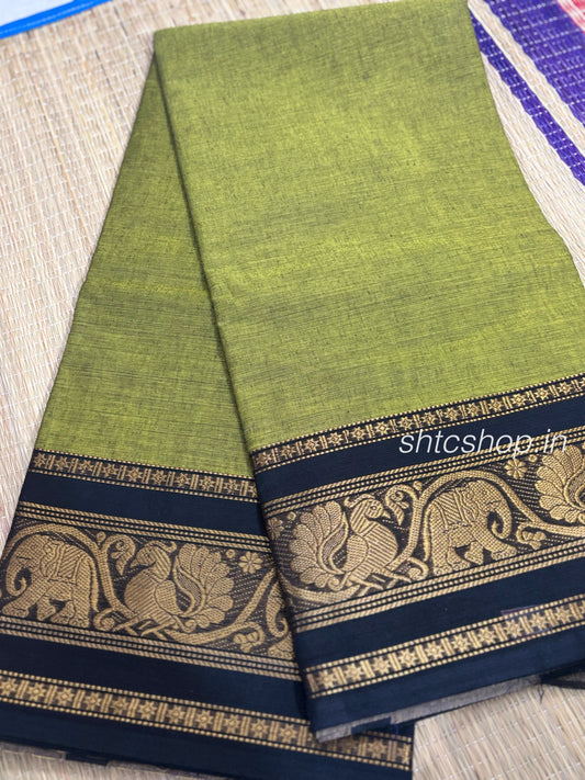 100 Count Lightweight Kanchi Cotton Saree with Contrast Peacock Zari Border and Blouse