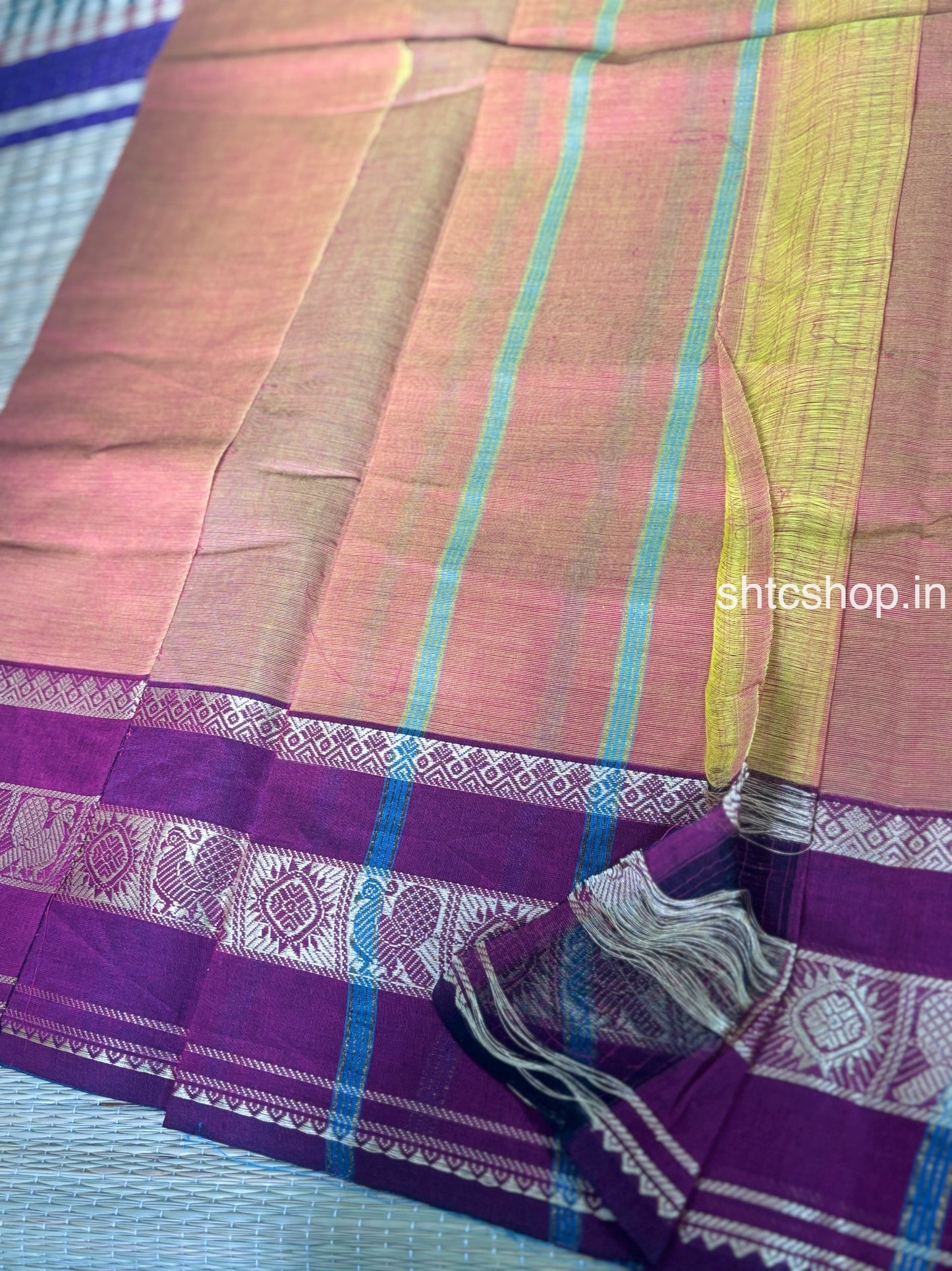 100 Count Lightweight Kanchi Cotton Saree with Contrast Jacquard Border and Blouse