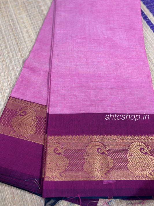 100 Count Lightweight Kanchi Cotton Saree with Peacock Zari Border and Contrast Blouse