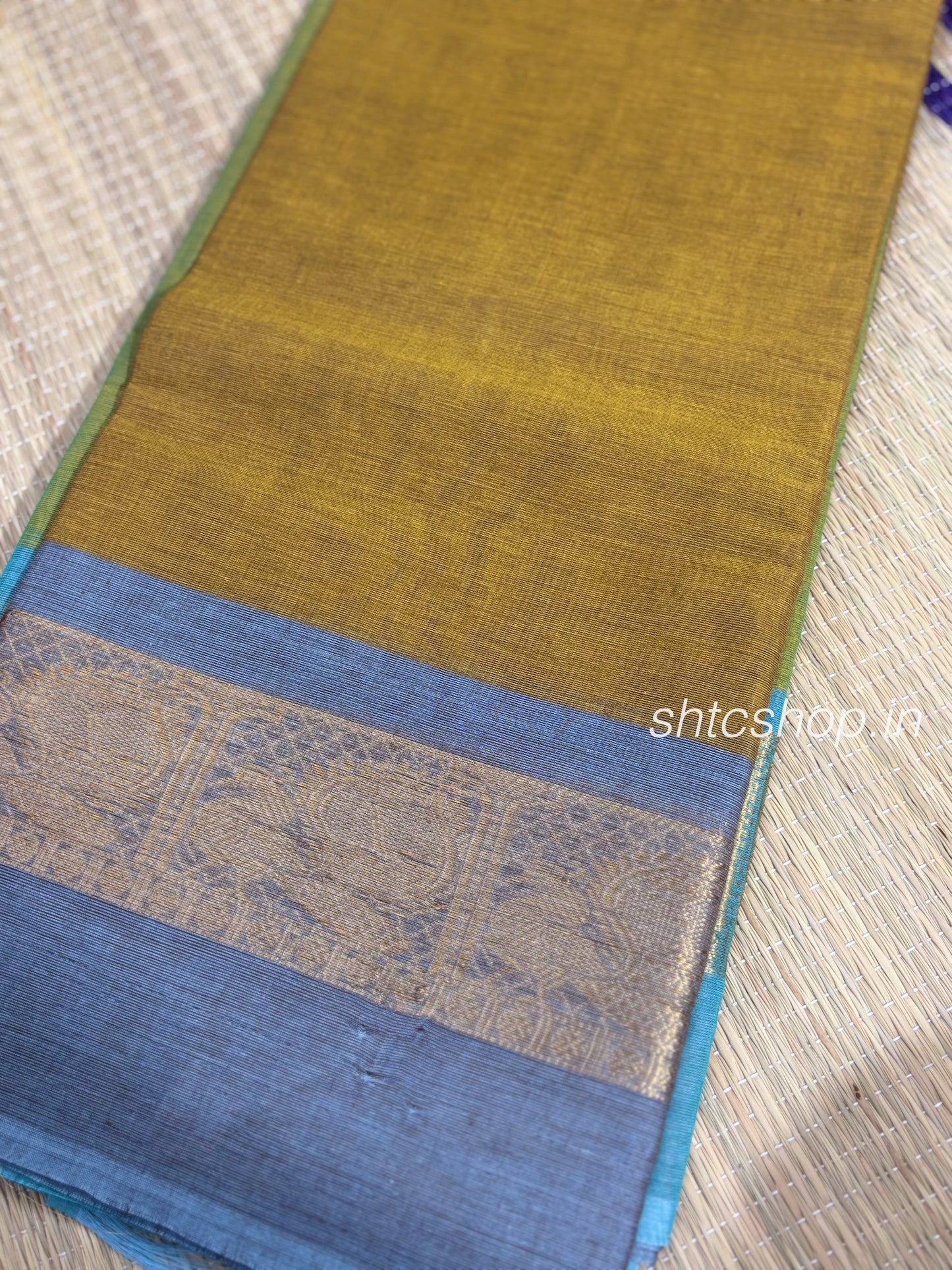100 Count Lightweight Kanchi Cotton Saree with Sky Blue Contrast Zari Border and Blouse