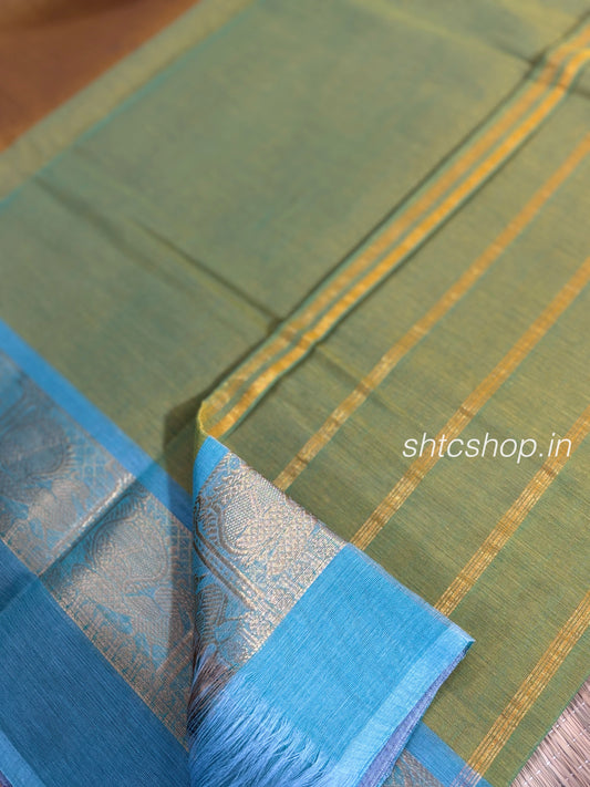 100 Count Lightweight Kanchi Cotton Saree with Sky Blue Contrast Zari Border and Blouse