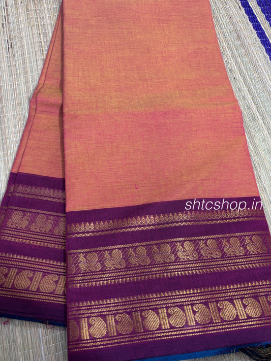 100 Count Lightweight Dual-Tone Kanchi Cotton Saree with Contrast Zari Border and Pallu