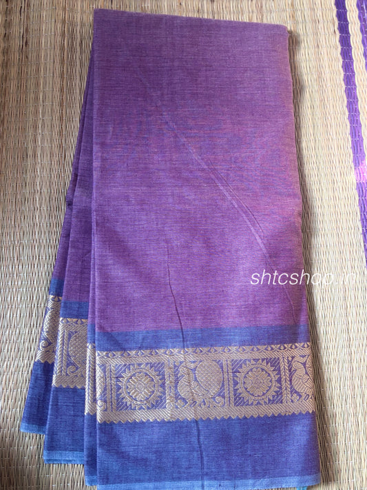 100 Count Lightweight Dual-Tone Kanchi Cotton Saree with Peacock Zari Border and Contrast Blouse