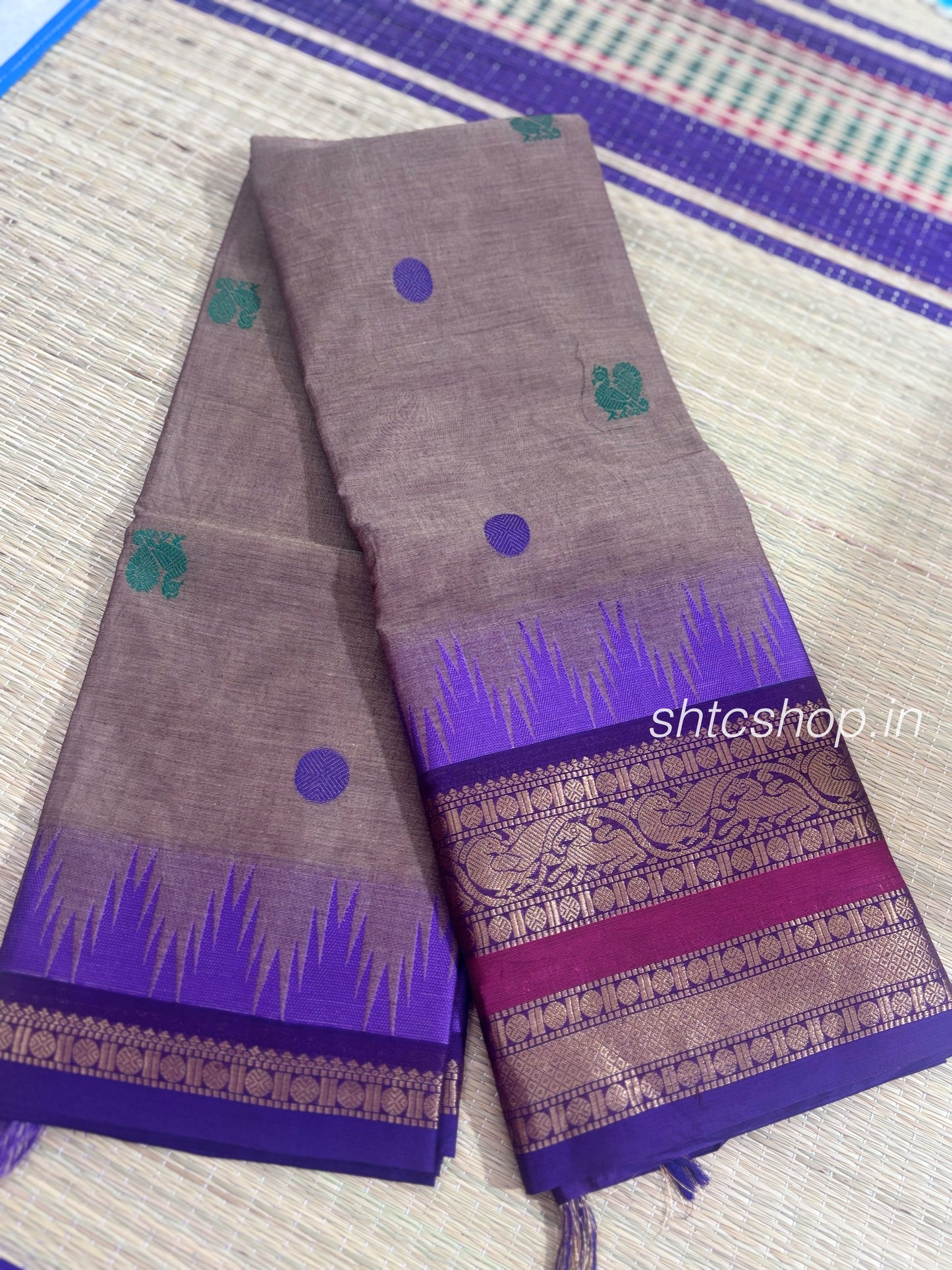 120 Count Kanchi Cotton Saree with Multicolour Buttas, Contrast Zari Border and Rich Pallu