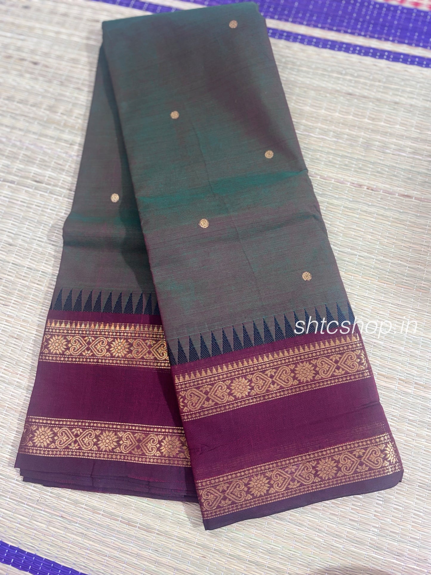 120 Count Dual-Tone Kanchi Cotton Saree with Buttas, Temple Border and Rich Zari Pallu