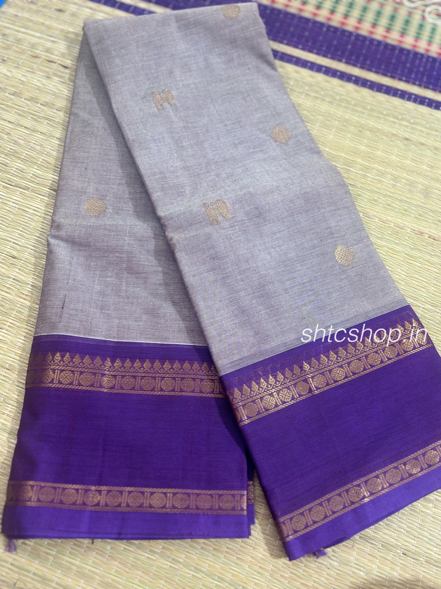 120 Count Grey Kanchi Cotton Saree with Horse Buttas and Purple Zari Border