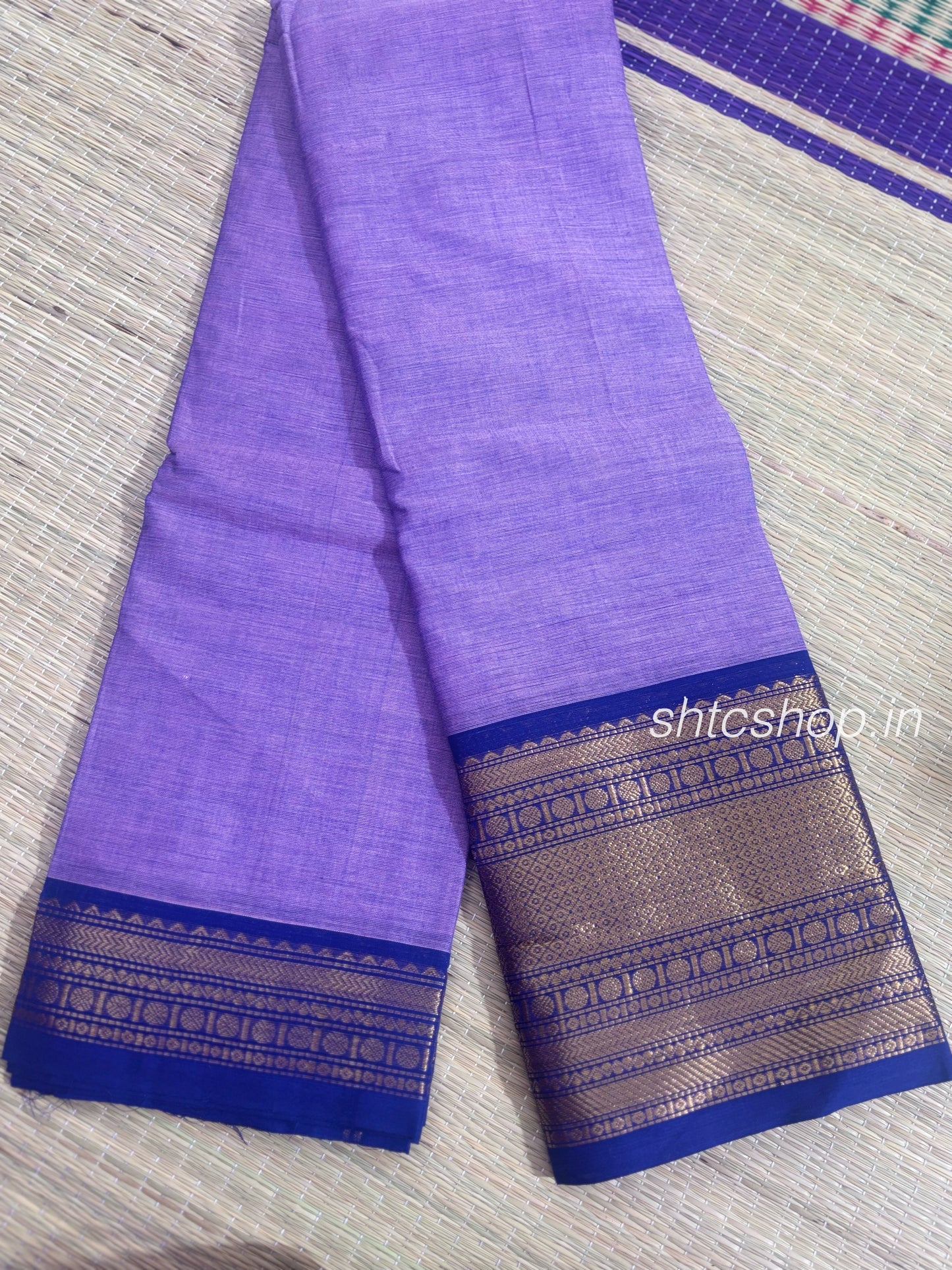 100 Count Lavender Kanchi Cotton Saree with Navy Blue Zari Border and Running Blouse