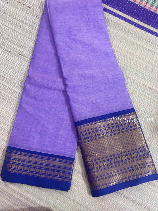 100 Count Lavender Kanchi Cotton Saree with Navy Blue Zari Border and Running Blouse