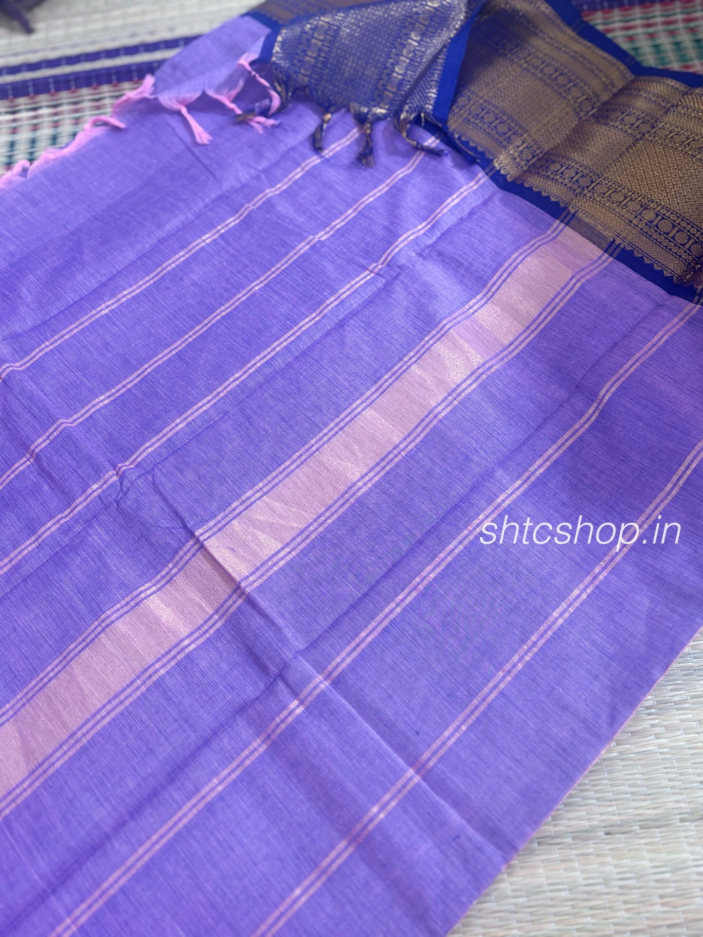 100 Count Lavender Kanchi Cotton Saree with Navy Blue Zari Border and Running Blouse