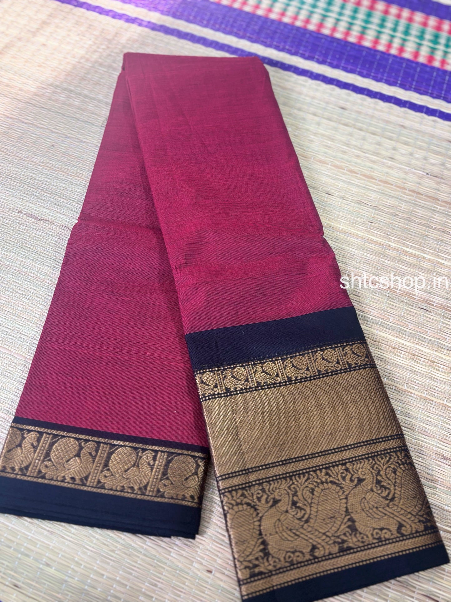 100 Count Lightweight Maroon Kanchi Cotton Saree with Black Peacock Zari Border