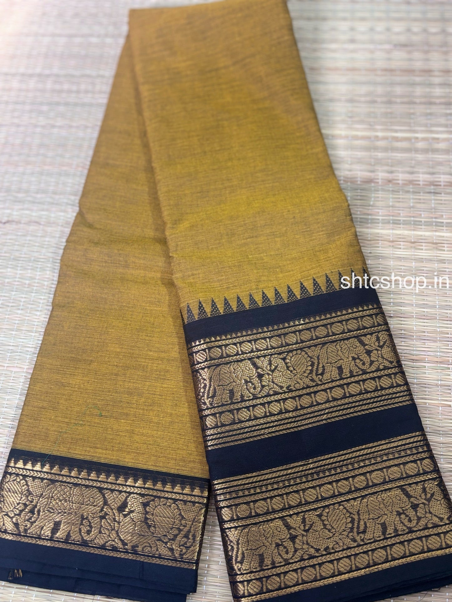 100 Count Mustard Kanchi Cotton Saree with Black Elephant Zari Border and Running Blouse