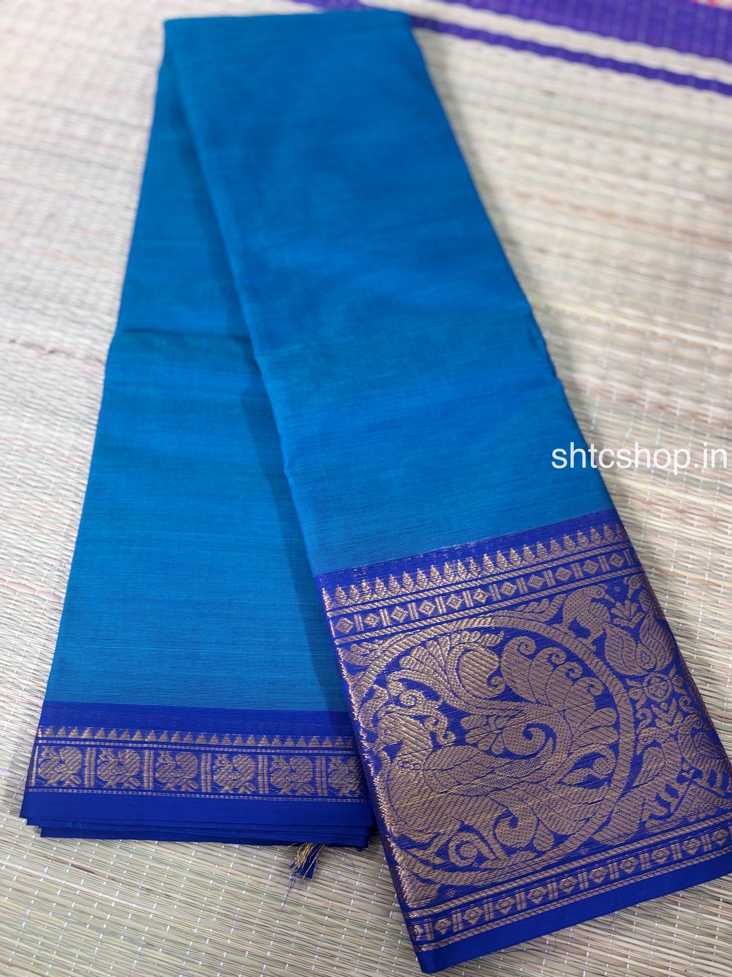 100 Count Turquoise Blue Kanchi Cotton Saree with Royal Blue Peacock Zari Border and Running Blouse