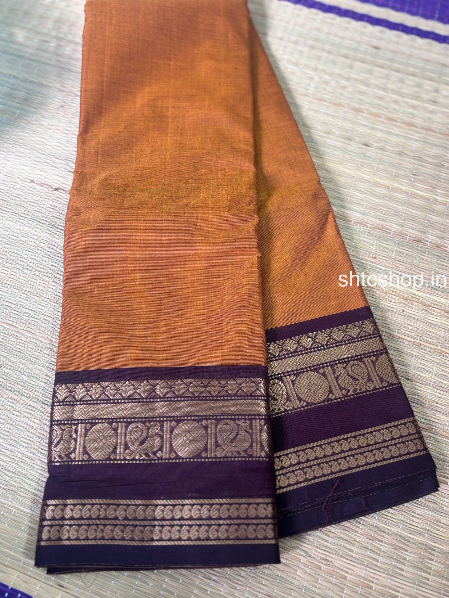 100 Count Rust Orange Kanchi Cotton Saree with Purple Zari Border and Running Blouse