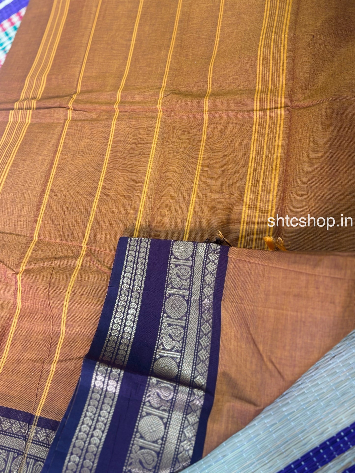 100 Count Rust Orange Kanchi Cotton Saree with Purple Zari Border and Running Blouse