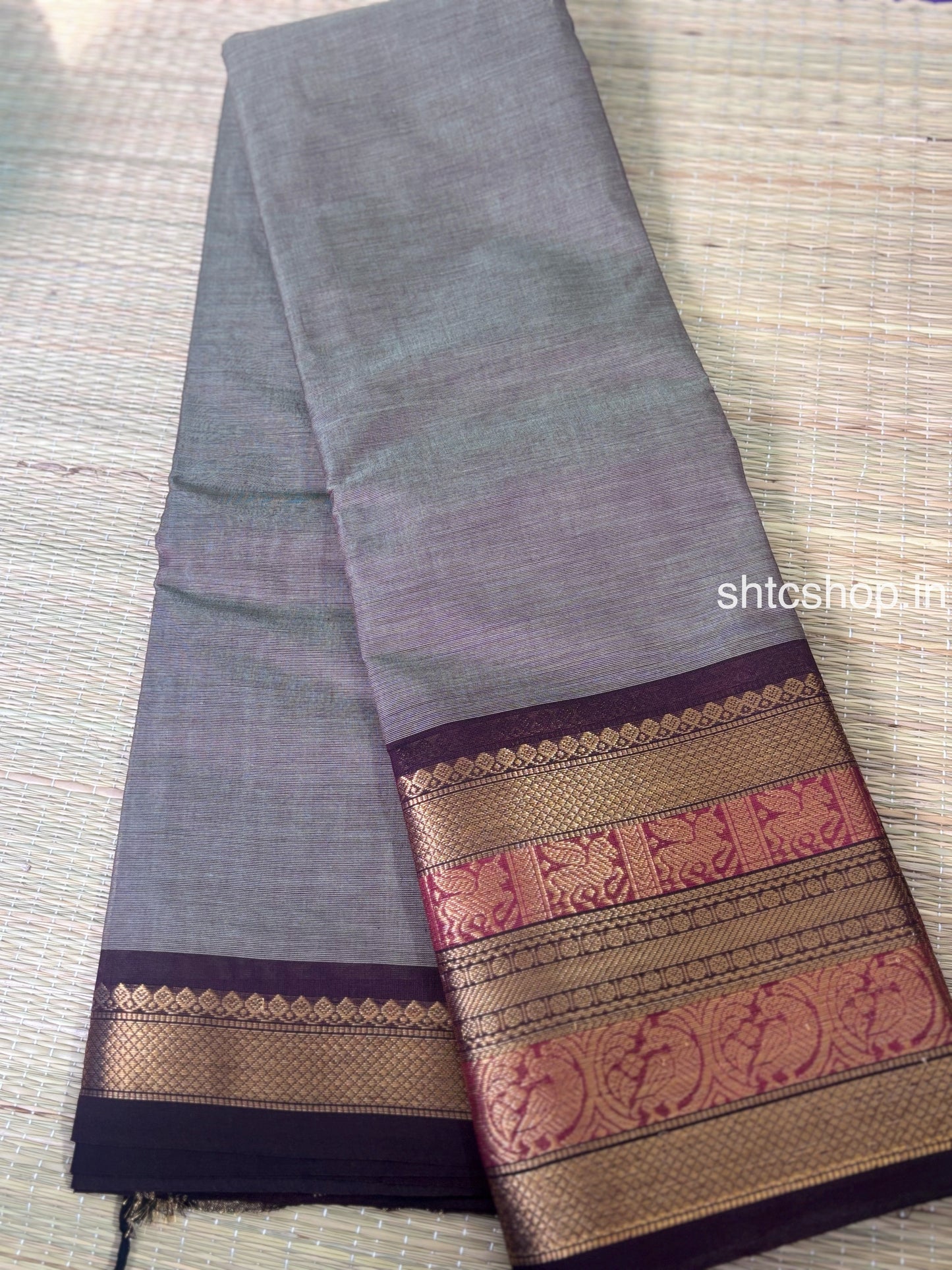 100 Count Grey Kanchi Cotton Saree with Maroon Zari Border and Running Blouse