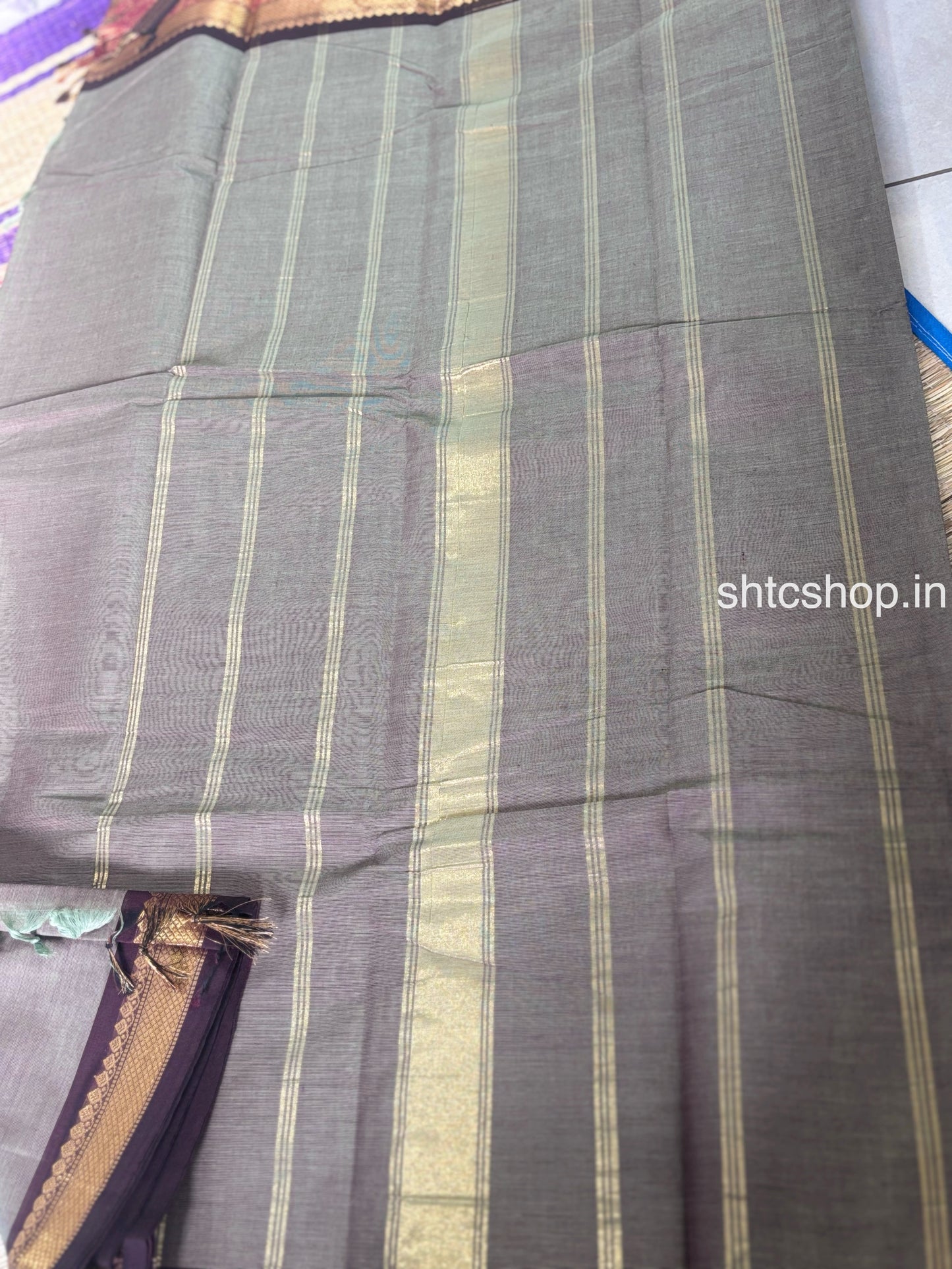 100 Count Grey Kanchi Cotton Saree with Maroon Zari Border and Running Blouse