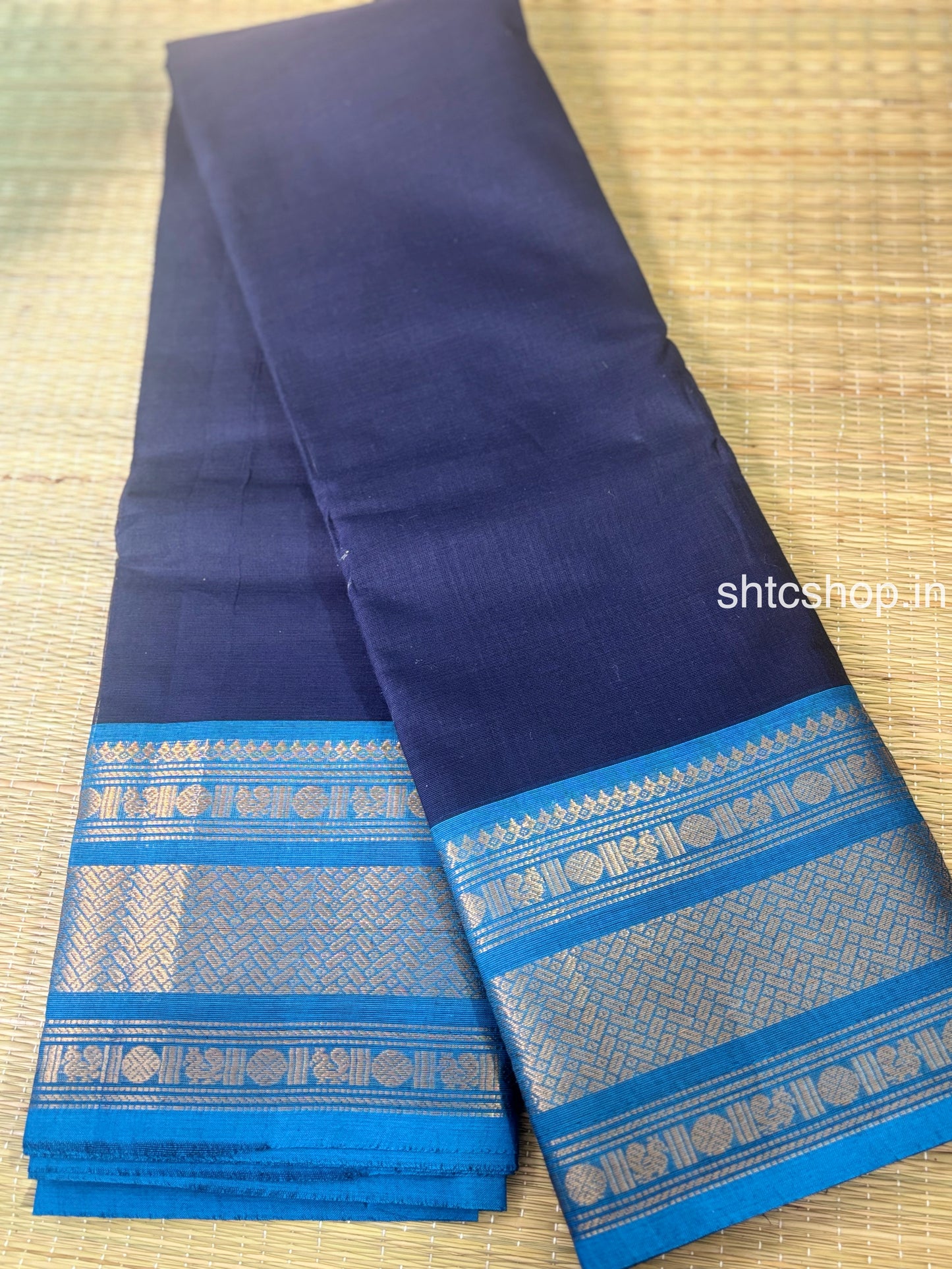 100 Count Navy Blue Kanchi Cotton Saree with Turquoise Zari Border and Running Blouse
