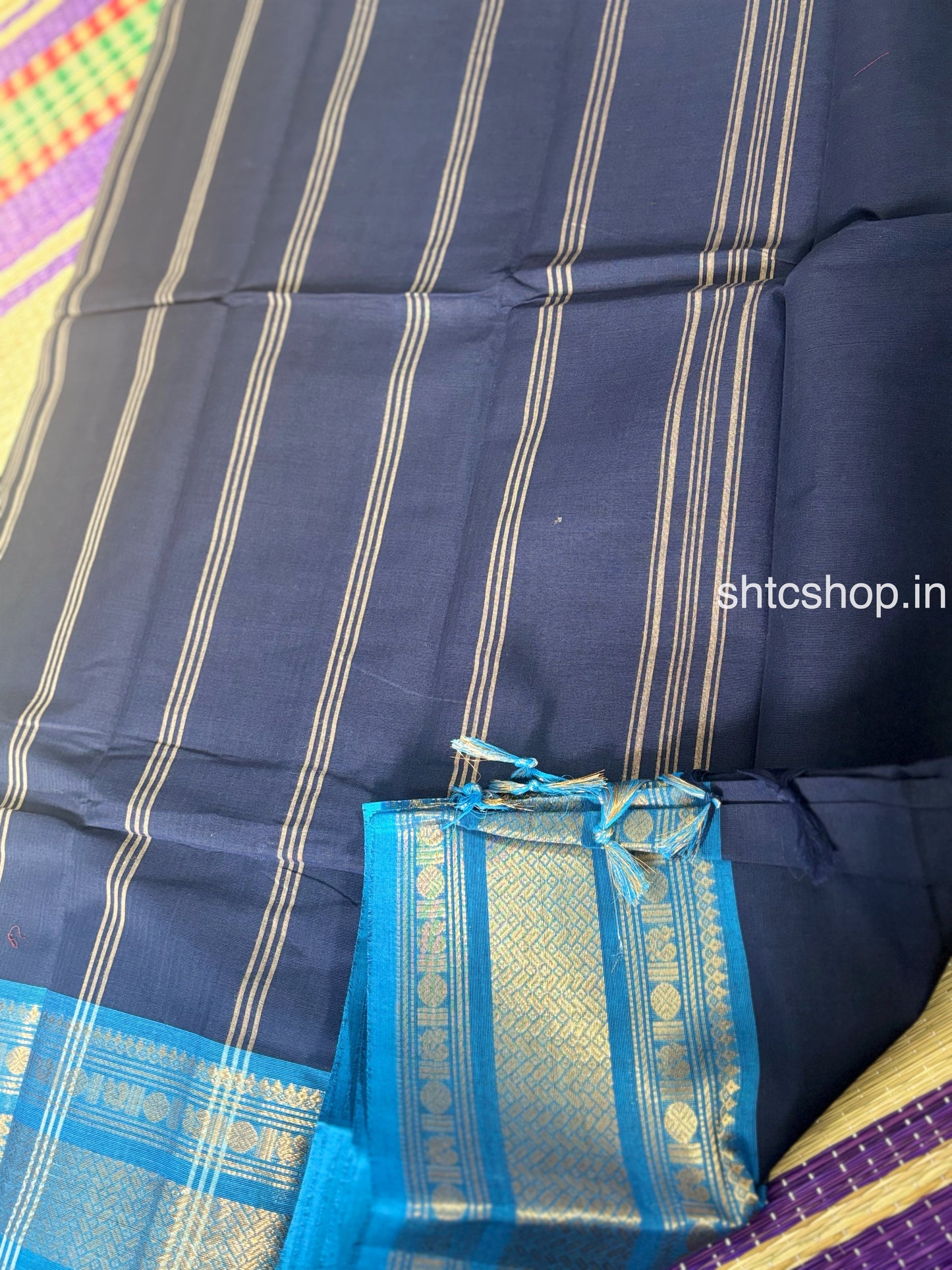 100 Count Navy Blue Kanchi Cotton Saree with Turquoise Zari Border and Running Blouse