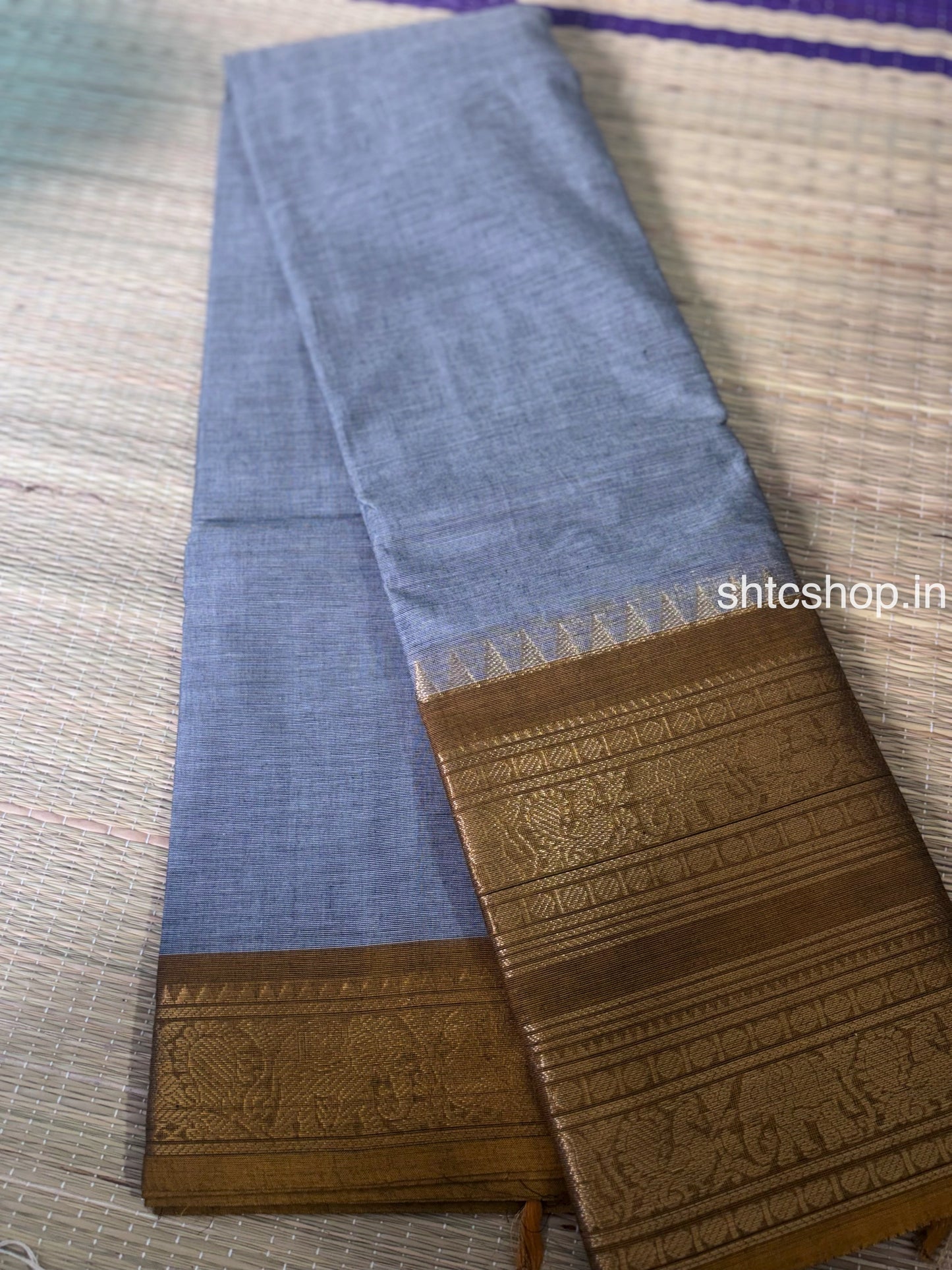 100 Count Grey Kanchi Cotton Saree with Mustard Gold Zari Border and Running Blouse