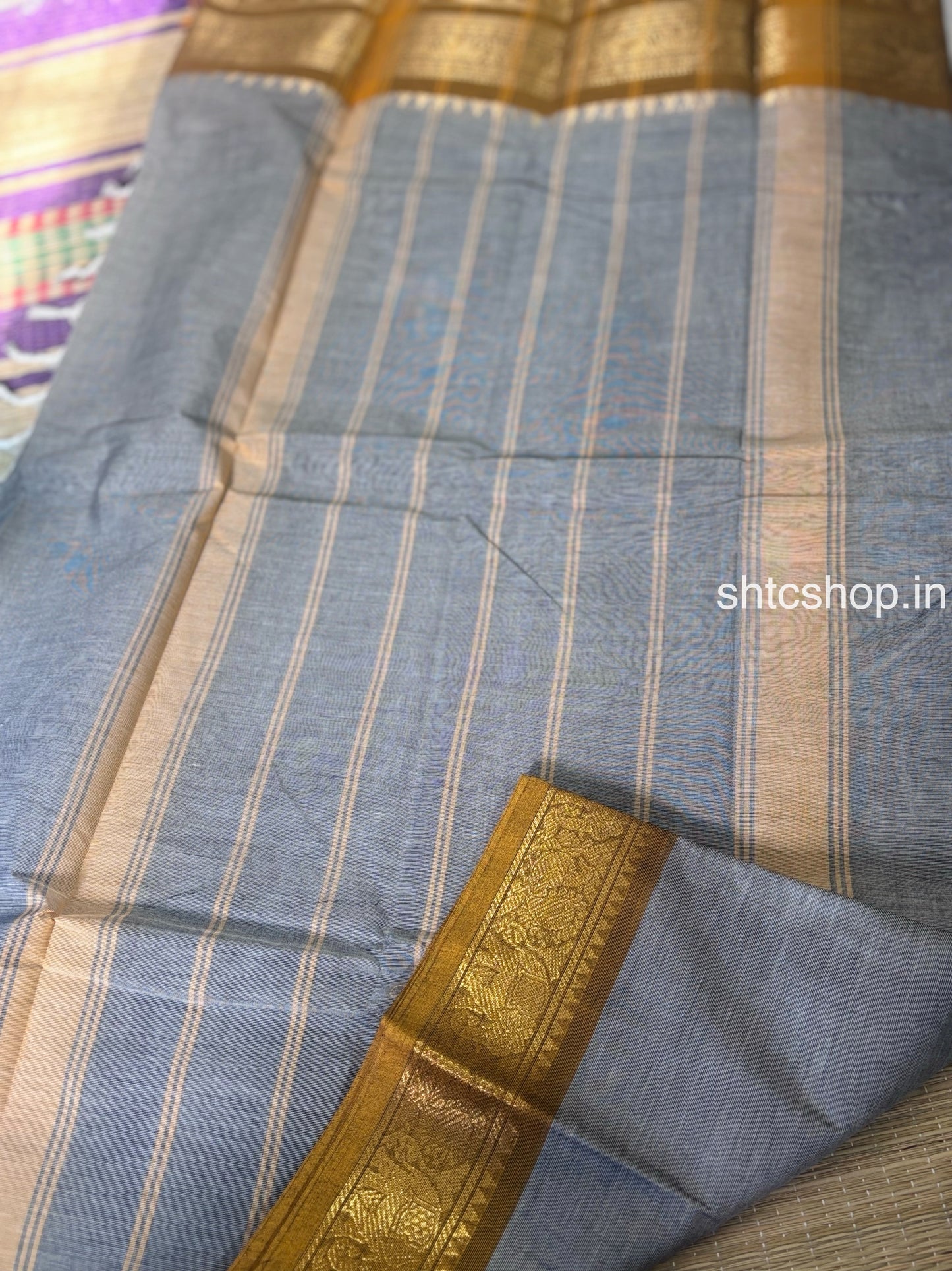 100 Count Grey Kanchi Cotton Saree with Mustard Gold Zari Border and Running Blouse