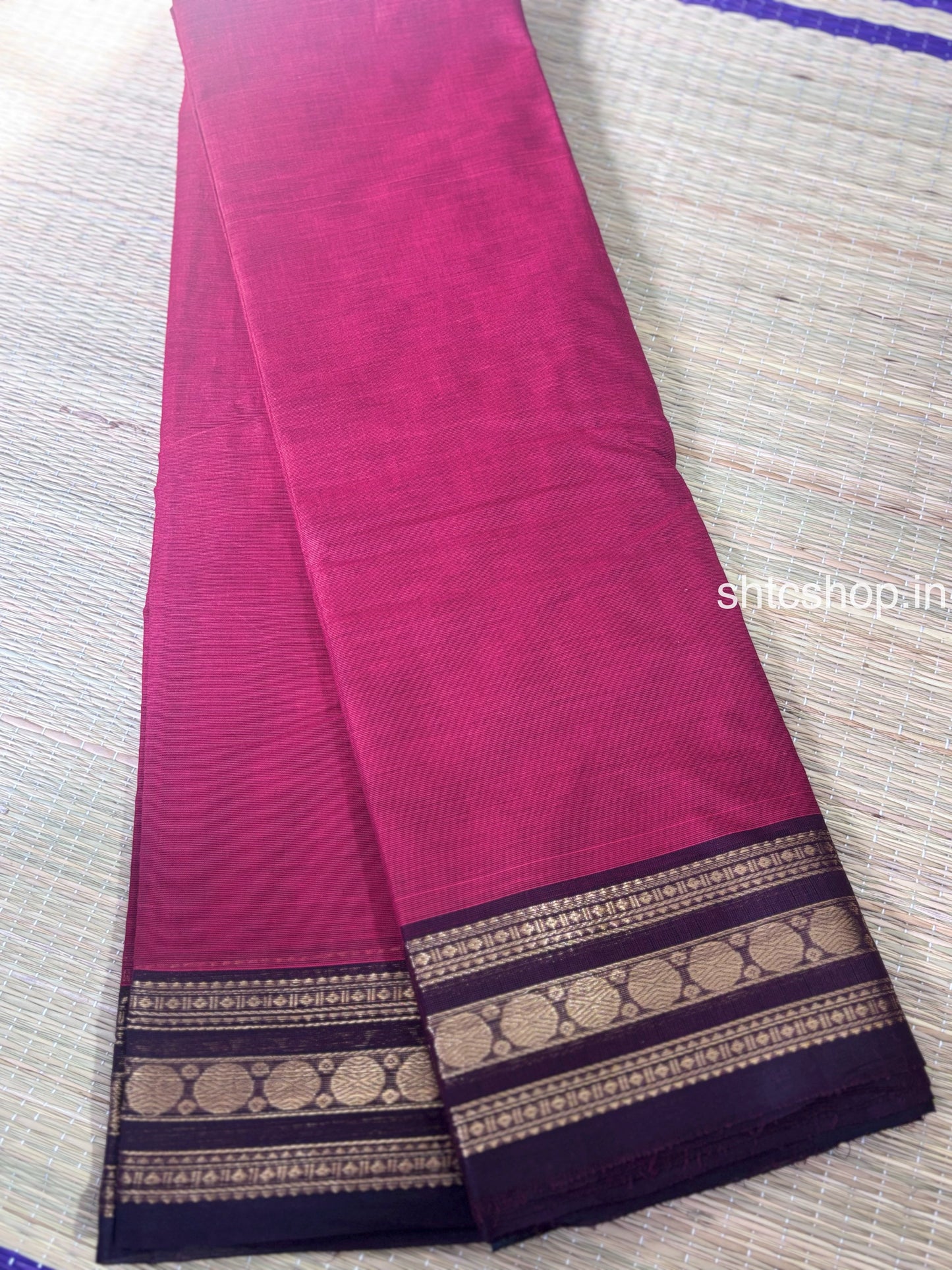 100 Count Magenta Kanchi Cotton Saree with Deep Purple Zari Border and Running Blouse