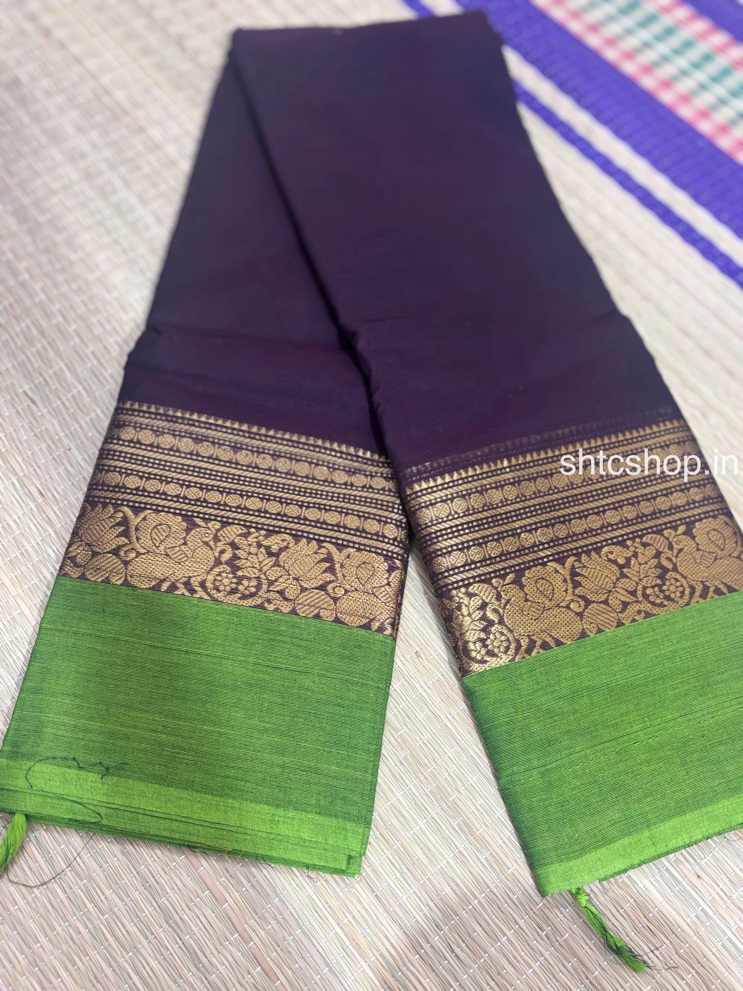 100 Count Deep Purple Kanchi Cotton Saree with Green Floral Zari Border and Running Blouse