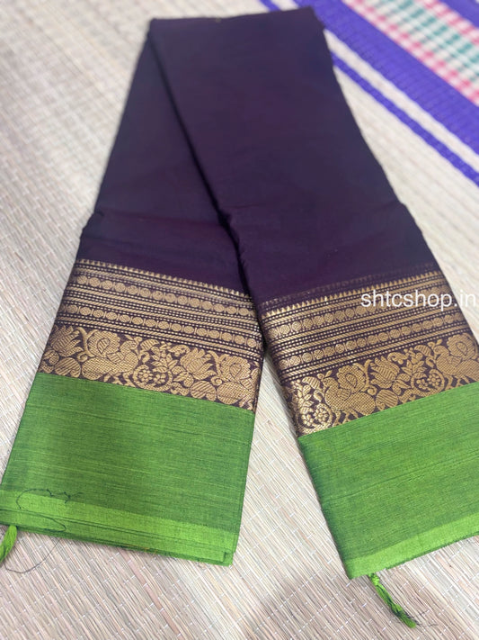 100 Count Deep Purple Kanchi Cotton Saree with Green Floral Zari Border and Running Blouse