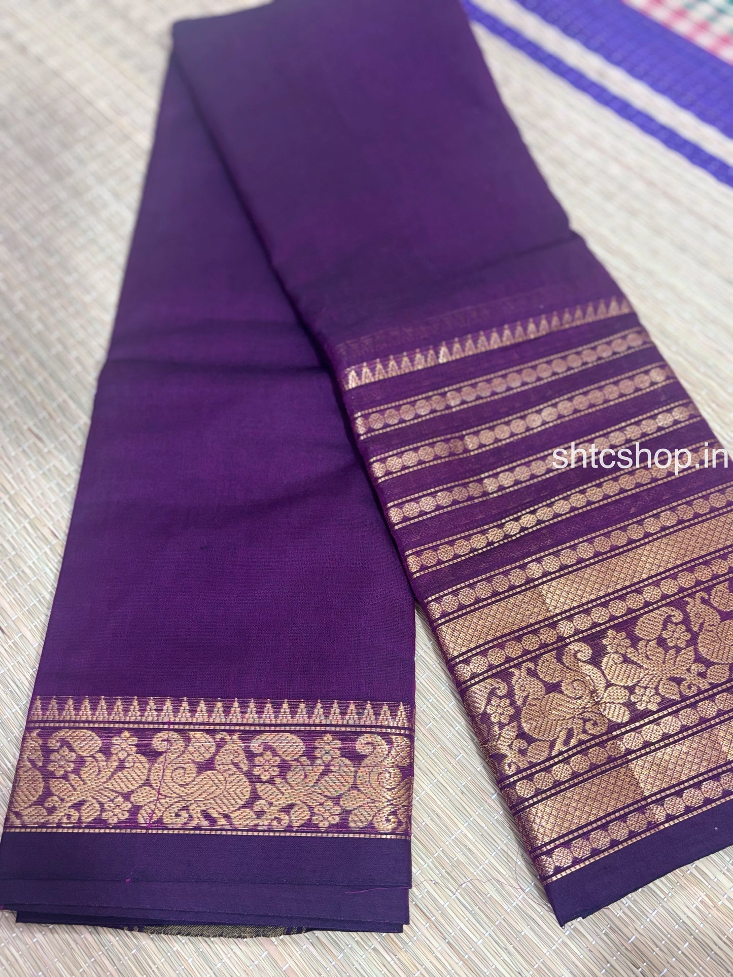 100 Count Dark Magenta/Wine Kanchi Cotton Saree with Golden Floral Zari Border and Running Blouse