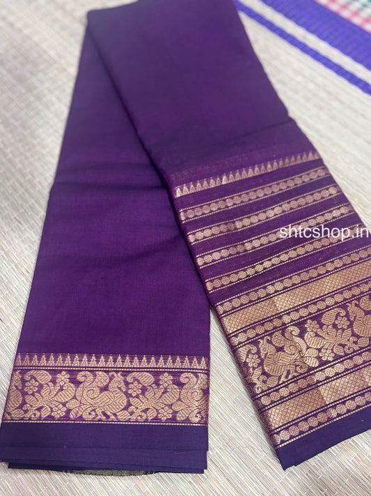 100 Count Dark Magenta/Wine Kanchi Cotton Saree with Golden Floral Zari Border and Running Blouse