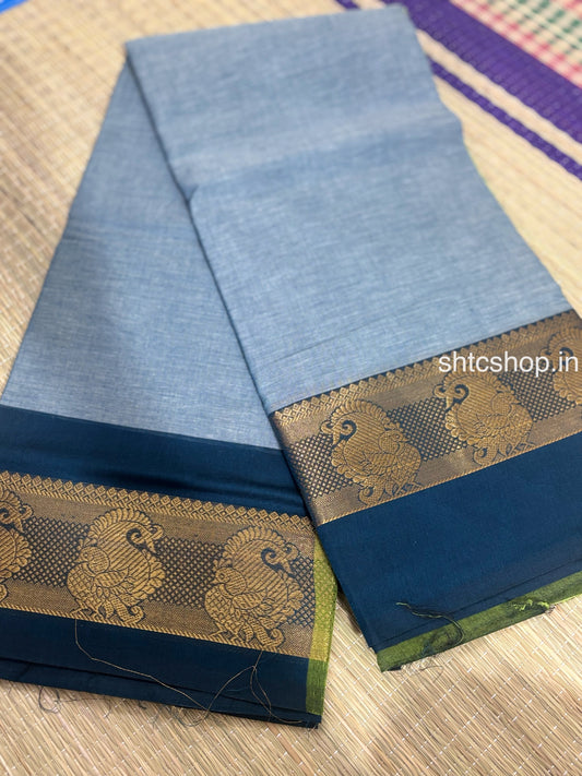 100 Count Light Blue Kanchi Cotton Saree with Peacock Zari Border and Contrast Blouse