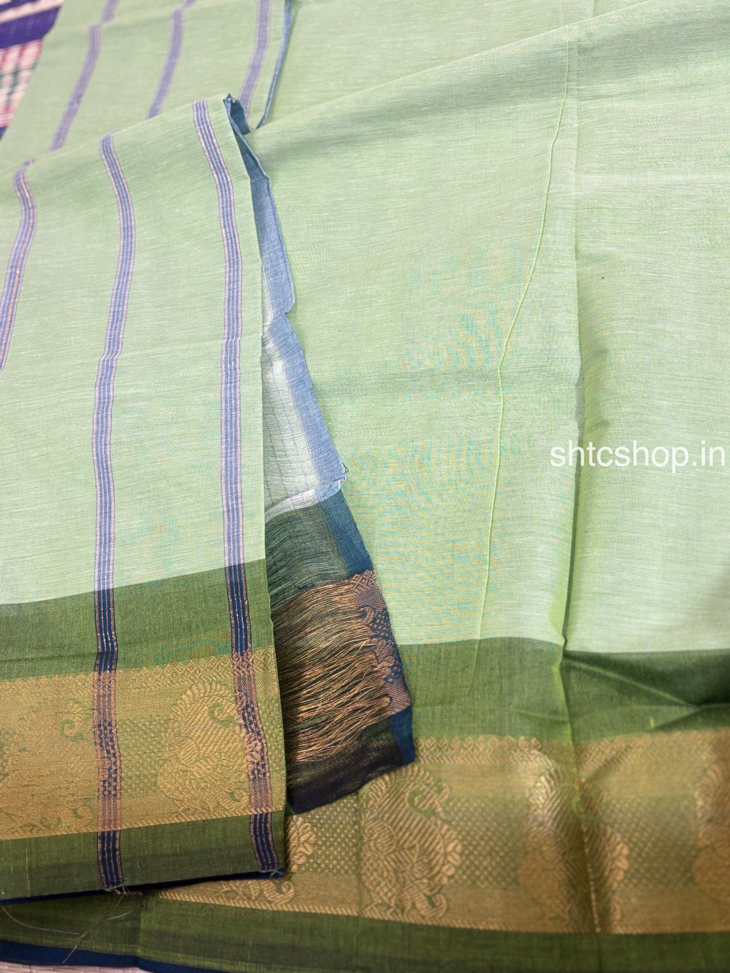 100 Count Light Blue Kanchi Cotton Saree with Peacock Zari Border and Contrast Blouse