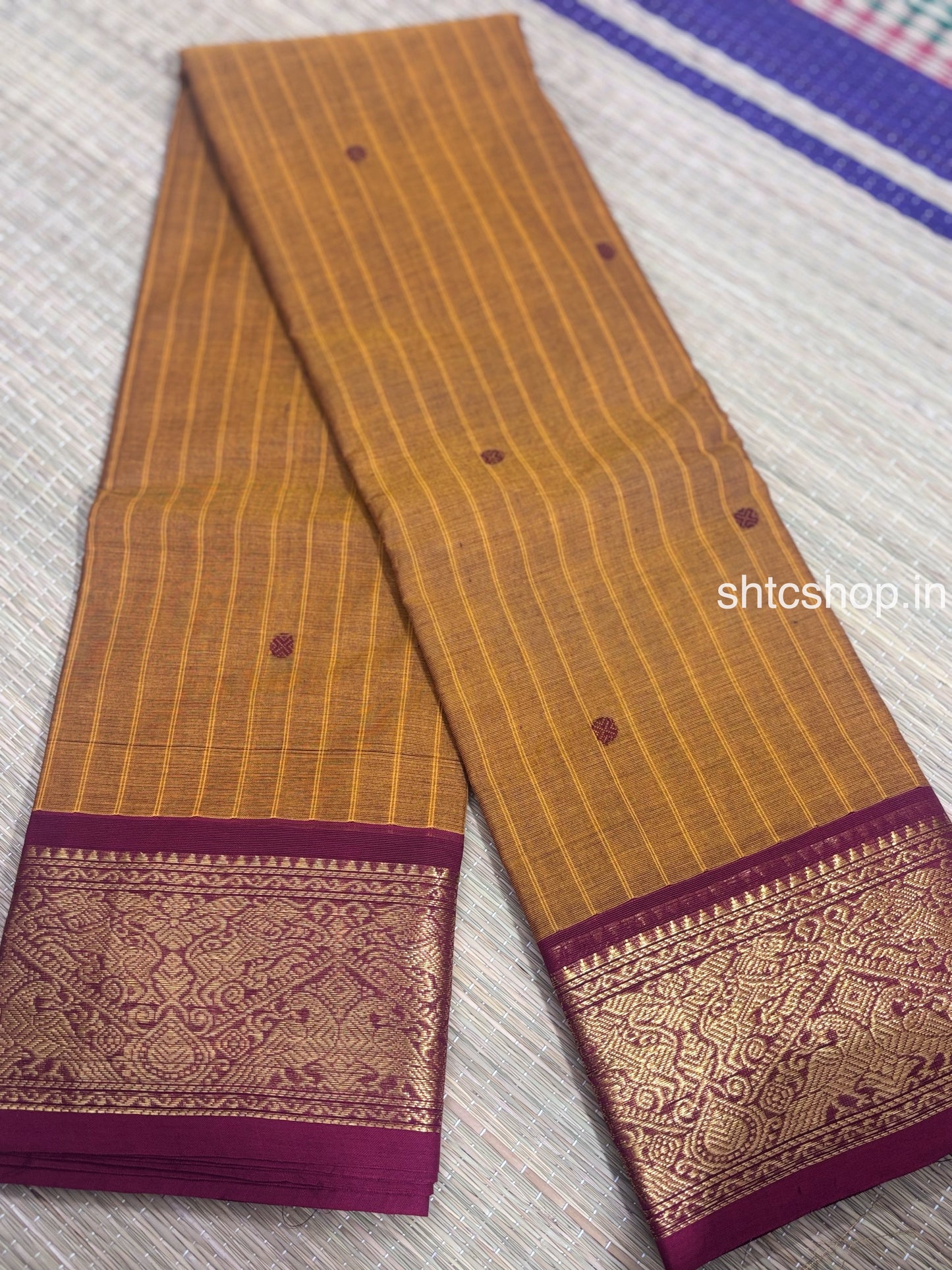 100 Count Mustard Brown Kanchi Cotton Saree with Maroon Rich Zari Border and Running Blouse