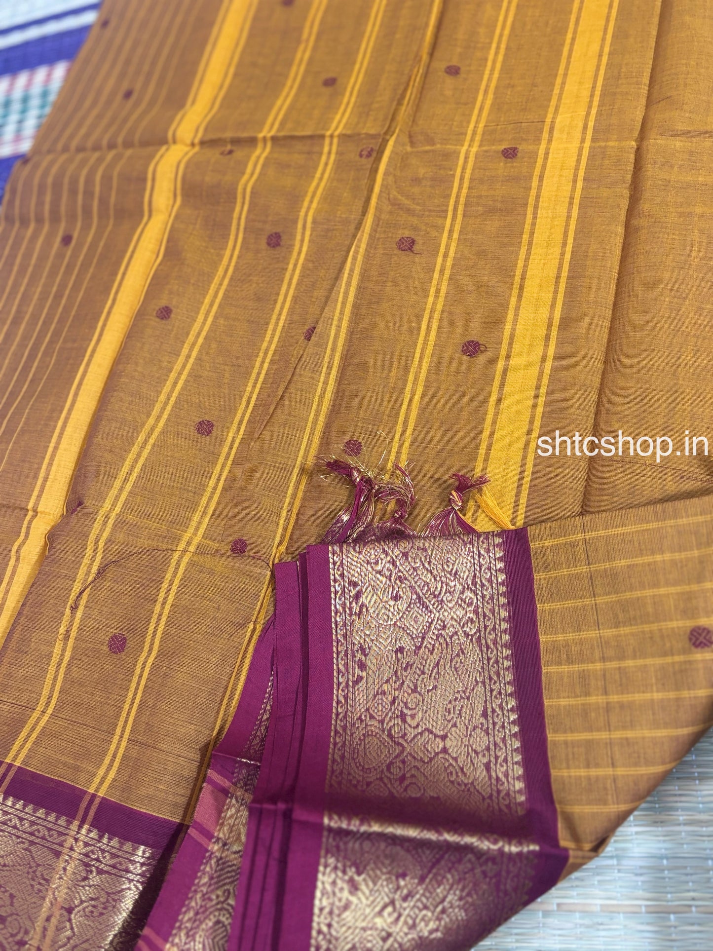 100 Count Mustard Brown Kanchi Cotton Saree with Maroon Rich Zari Border and Running Blouse