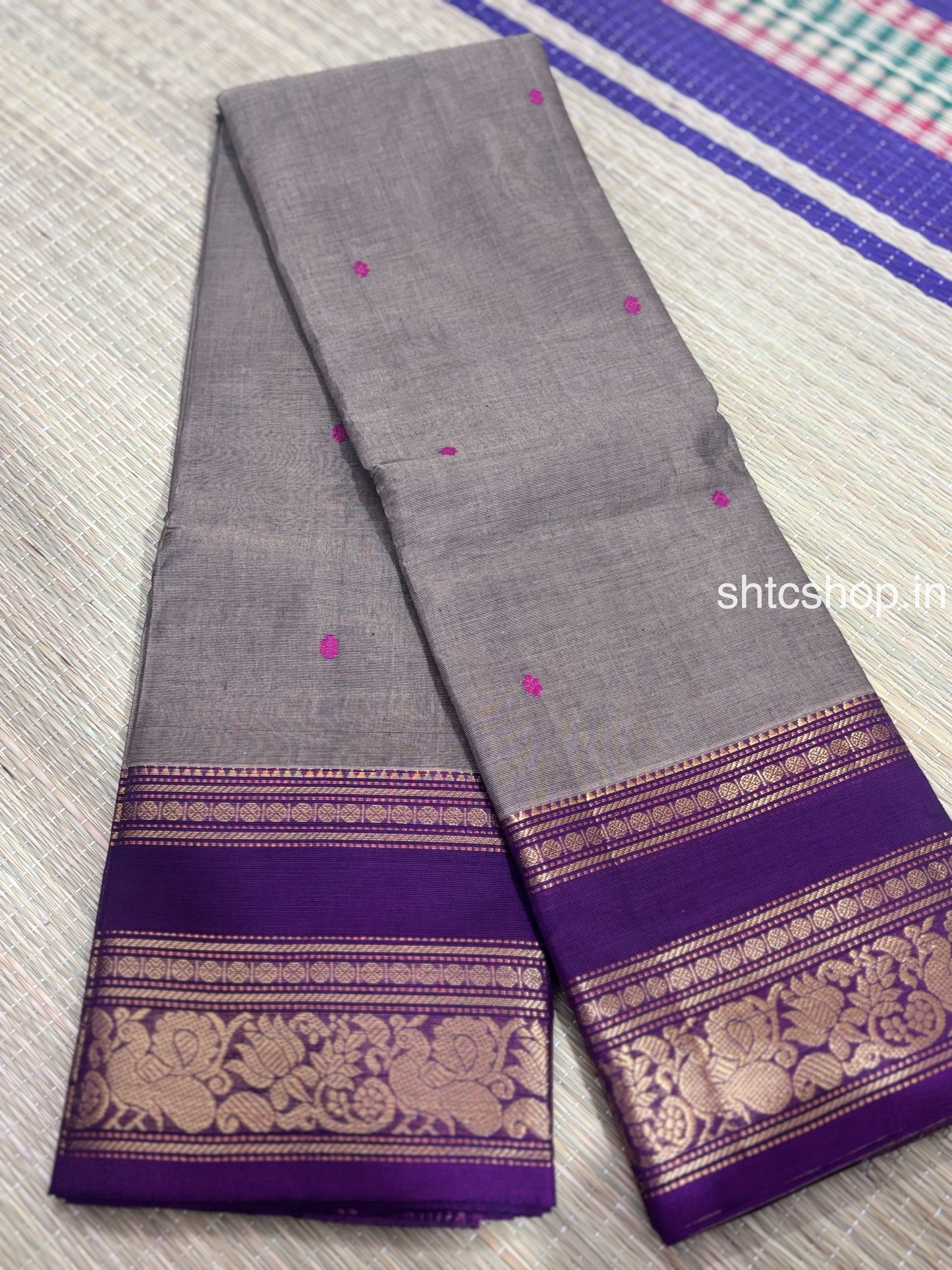 100 Count Grey Kanchi Cotton Saree with Magenta Buttas, Purple Zari Border and Running Blouse