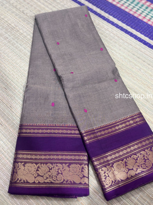100 Count Grey Kanchi Cotton Saree with Magenta Buttas, Purple Zari Border and Running Blouse